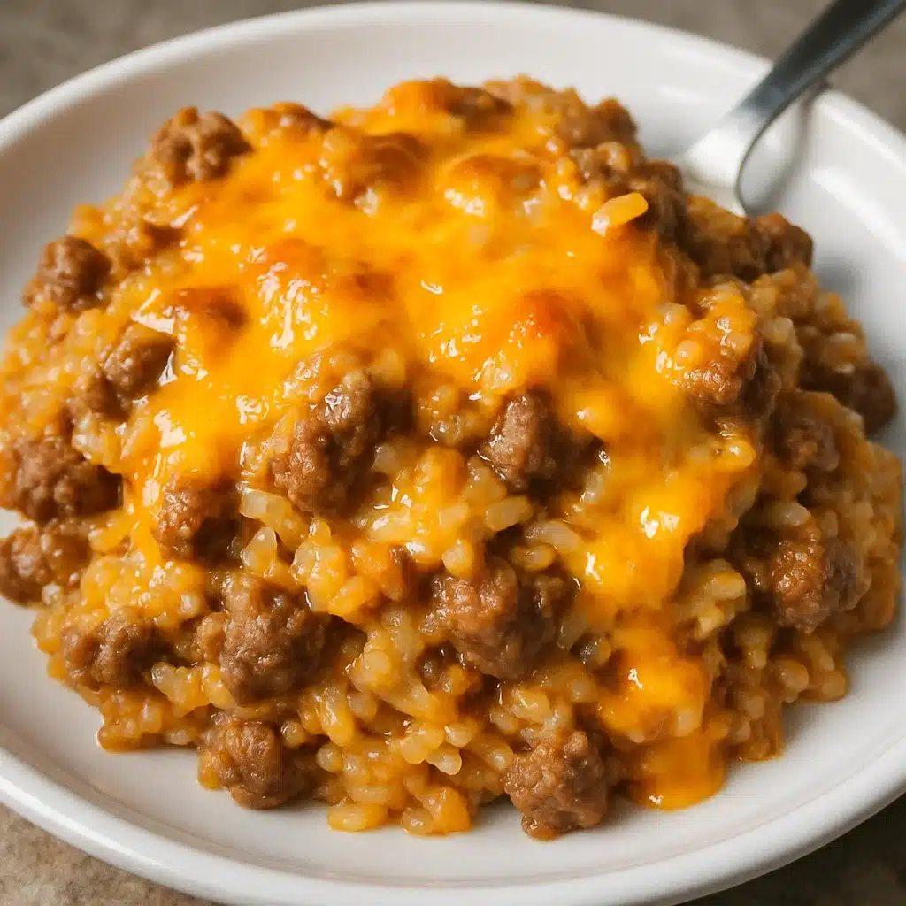 Casserole dish with hamburger rice topped with melted golden mozzarella cheese showing ground beef and rice underneath