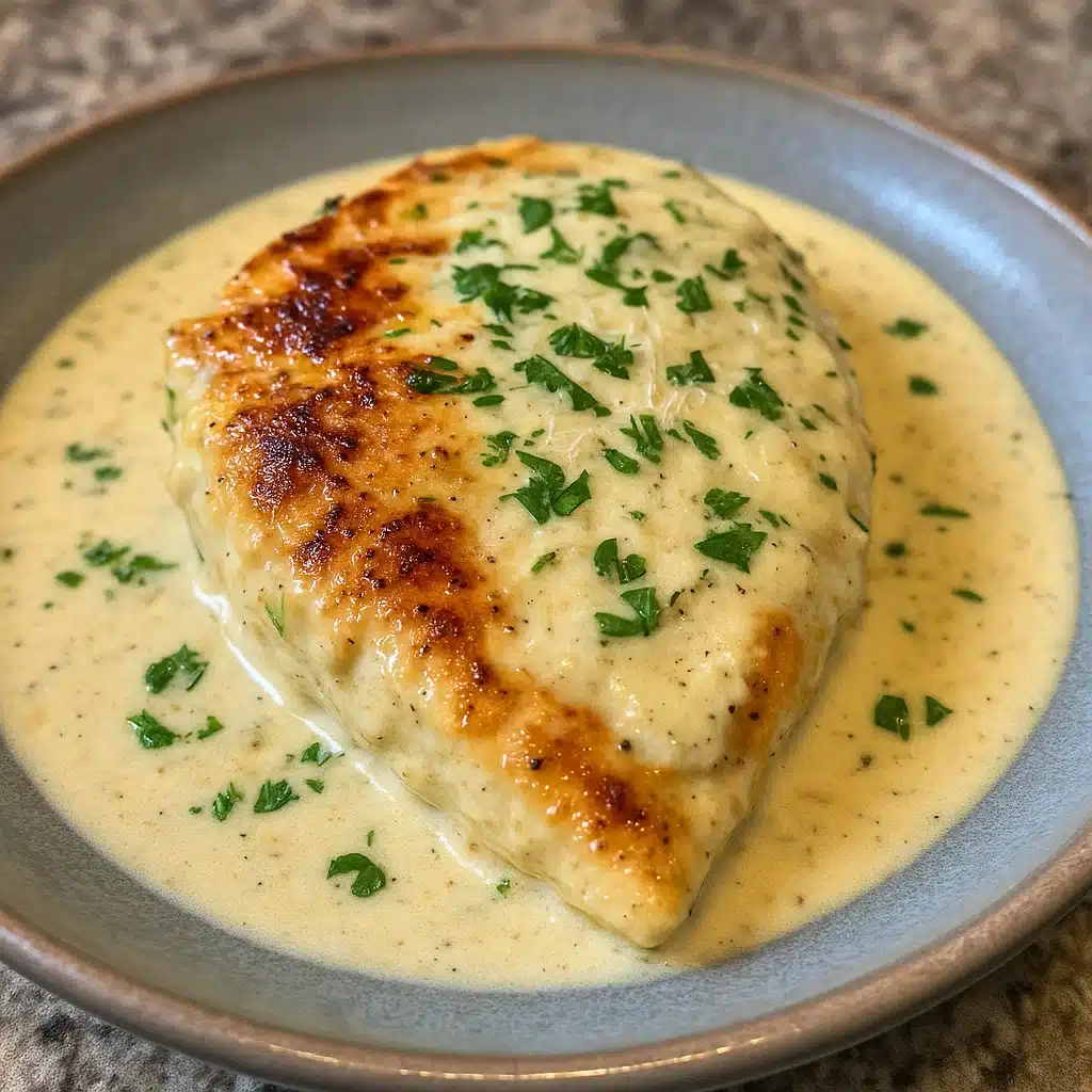 Creamy Garlic Parmesan Chicken 7 Golden-brown chicken cutlets nestled in creamy garlic Parmesan sauce in a skillet, garnished with fresh parsley