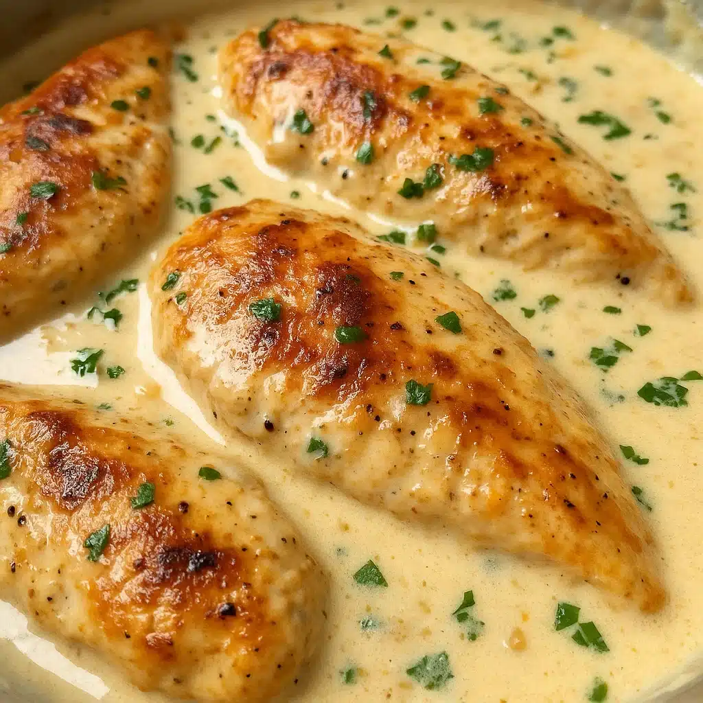 Creamy Garlic Parmesan Chicken 8 Golden-brown chicken cutlets nestled in creamy garlic Parmesan sauce in a skillet, garnished with fresh parsley