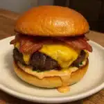Juicy crack burger on a toasted bun loaded with bacon, cheddar cheese, and ranch seasoning, topped with lettuce and tomato and drizzled with tangy mustard sauce