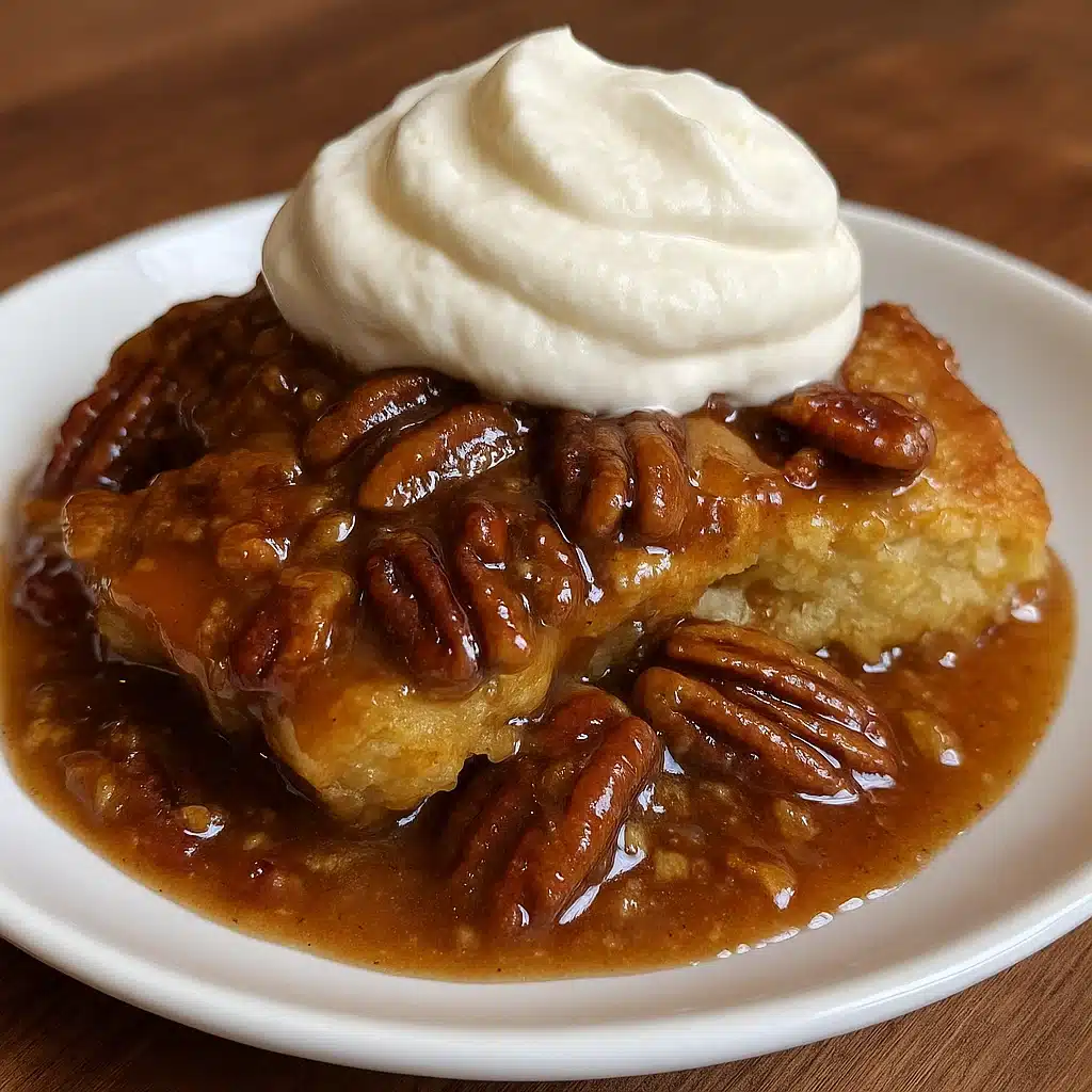 A golden brown pecan pie cobbler in a white baking dish with a spoonful scooped out, showing the gooey caramel-pecan layer underneath the cake topping, topped with vanilla whipped cream