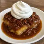 A golden brown pecan pie cobbler in a white baking dish with a spoonful scooped out, showing the gooey caramel-pecan layer underneath the cake topping, topped with vanilla whipped cream