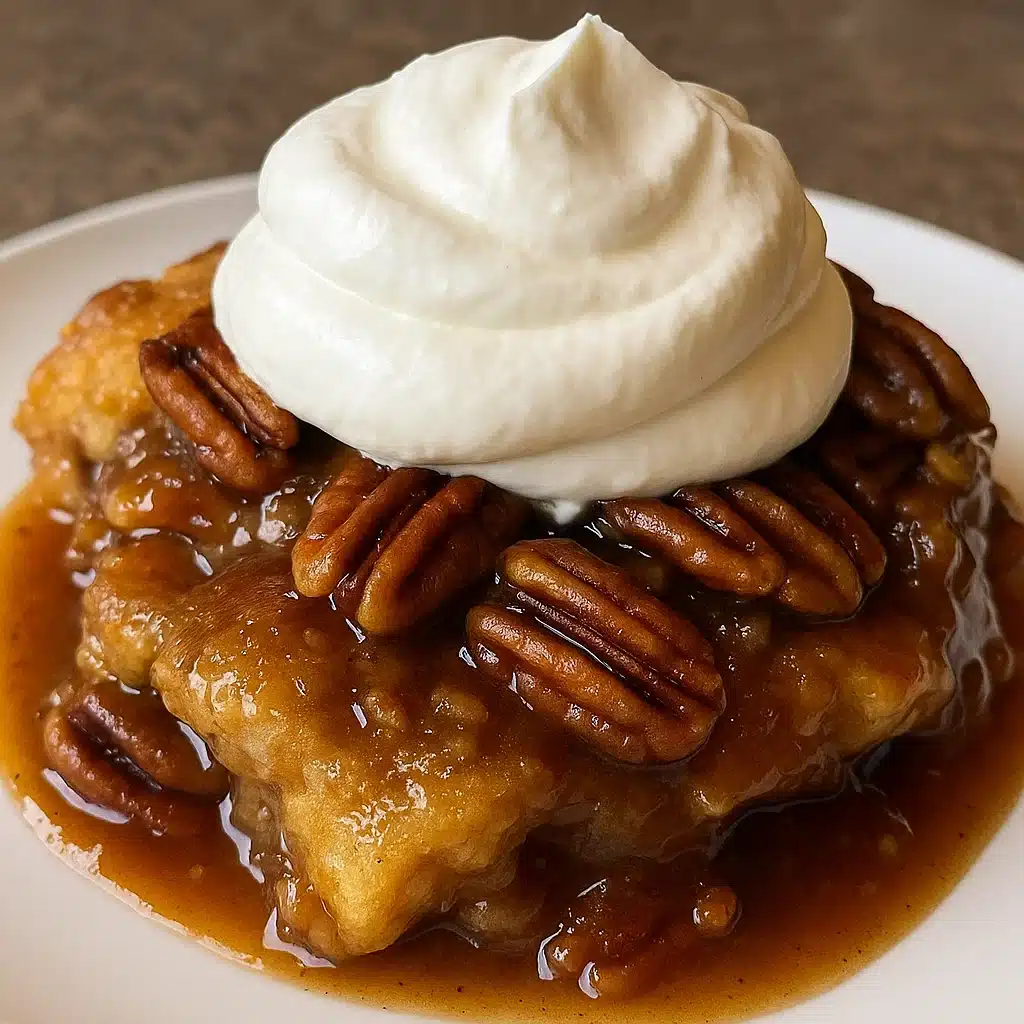 A golden brown pecan pie cobbler in a white baking dish with a spoonful scooped out, showing the gooey caramel-pecan layer underneath the cake topping, topped with vanilla whipped cream