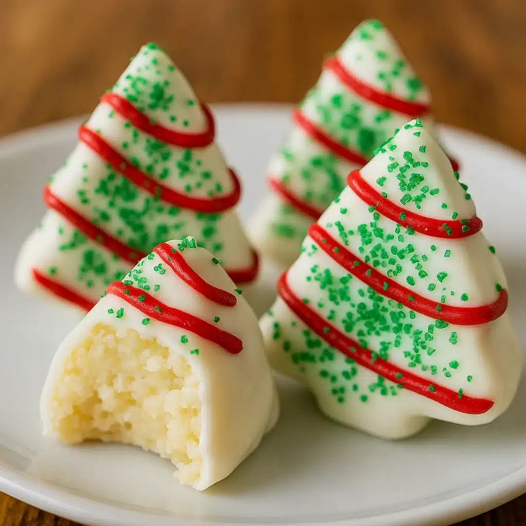 Christmas Tree Cake Truffles 6 Christmas Tree Cake Truffles coated in white chocolate with red drizzle and green sanding sugar arranged on a white platter