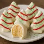 Christmas Tree Cake Truffles coated in white chocolate with red drizzle and green sanding sugar arranged on a white platter