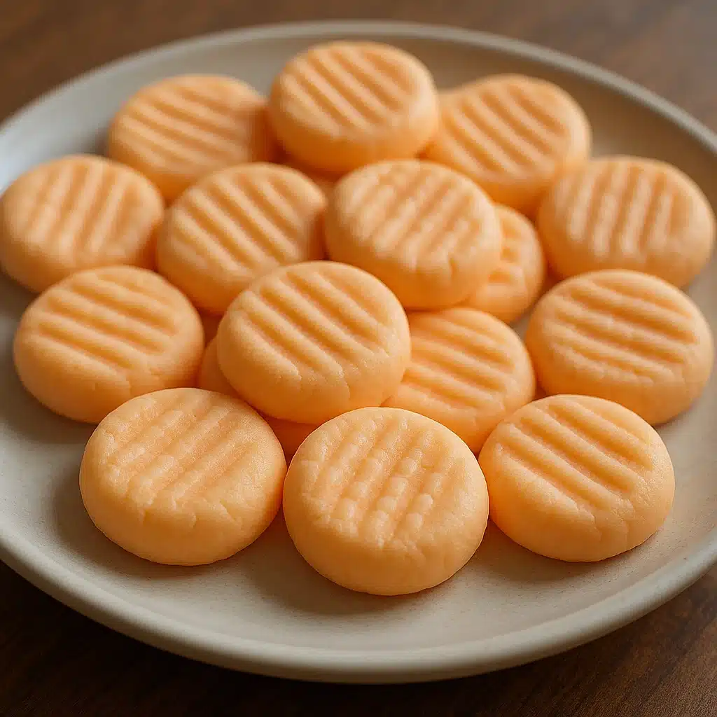 Orange cream cheese mints arranged on a white plate, showing their classic fork-pressed pattern and soft orange color