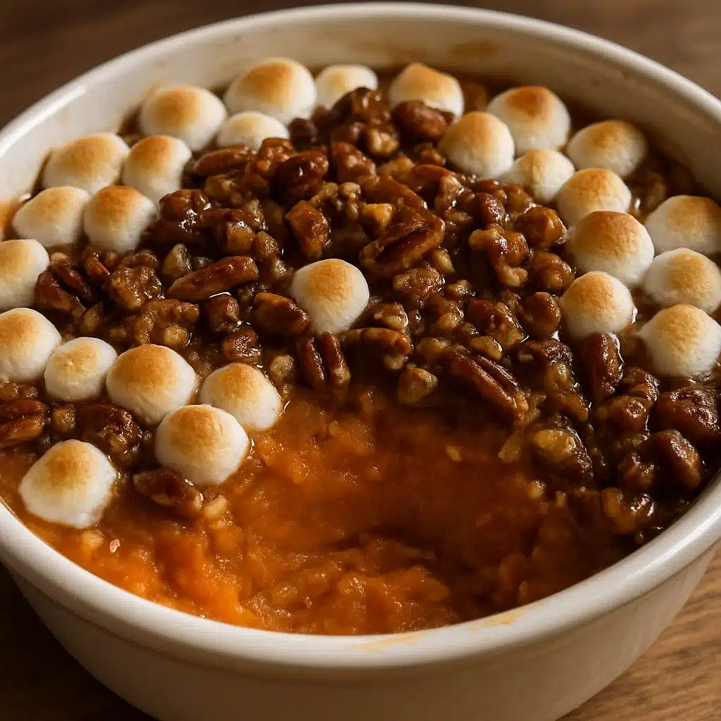 Southern Maple Sweet Potato Casserole is everything you love about the holidays in one dish! Roasted sweet potatoes, warm spices, plump raisins, gooey marshmallows, and a crunchy maple pecan topping make this the ultimate comfort food side dish