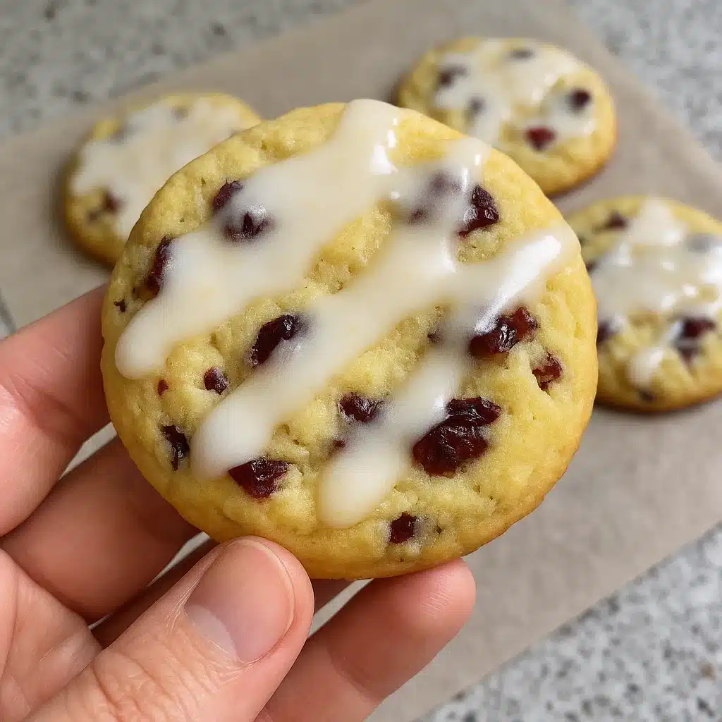 Golden lemon cranberry cookies with white glaze drizzled on top, arranged on a white plate with fresh lemon slices and cranberries scattered around