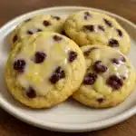 Golden lemon cranberry cookies with white glaze drizzled on top, arranged on a white plate with fresh lemon slices and cranberries scattered around