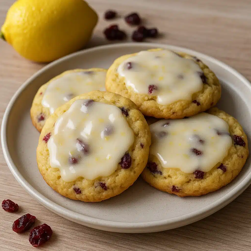 Golden lemon cranberry cookies with white glaze drizzled on top, arranged on a white plate with fresh lemon slices and cranberries scattered around