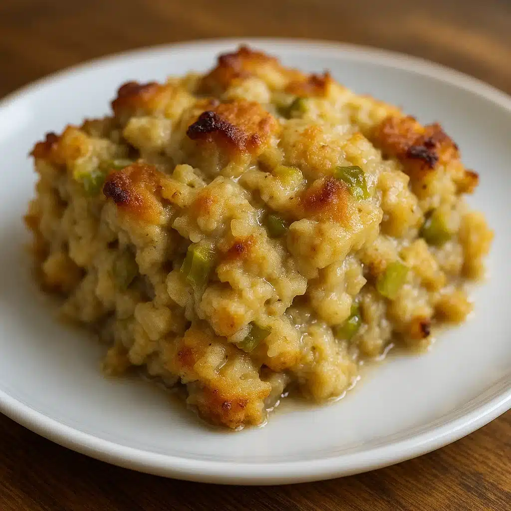 Grandma's Thanksgiving stuffing—crispy on top, perfectly moist inside, and packed with buttery herb flavor that'll have everyone asking for the recipe!