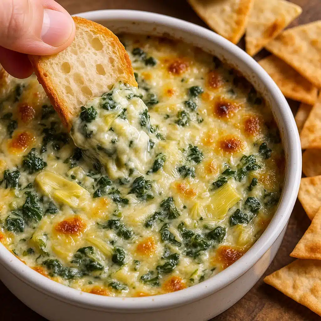 A bubbling hot spinach artichoke dip in a white baking dish with golden melted parmesan on top, surrounded by tortilla chips and toasted bread slices