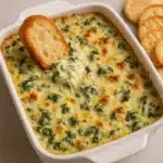 A bubbling hot spinach artichoke dip in a white baking dish with golden melted parmesan on top, surrounded by tortilla chips and toasted bread slices