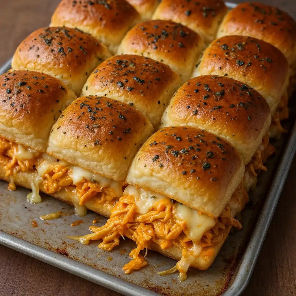 Golden-brown buffalo chicken sliders on Hawaiian rolls with melted cheese, arranged on a white serving platter with coleslaw on the side