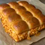 Golden-brown buffalo chicken sliders on Hawaiian rolls with melted cheese, arranged on a white serving platter with coleslaw on the side