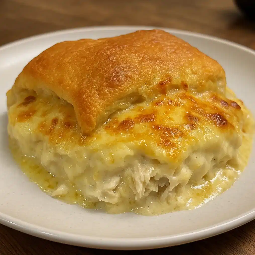 Golden brown crescent rolls filled with creamy chicken mixture in a white baking dish with bubbling sauce