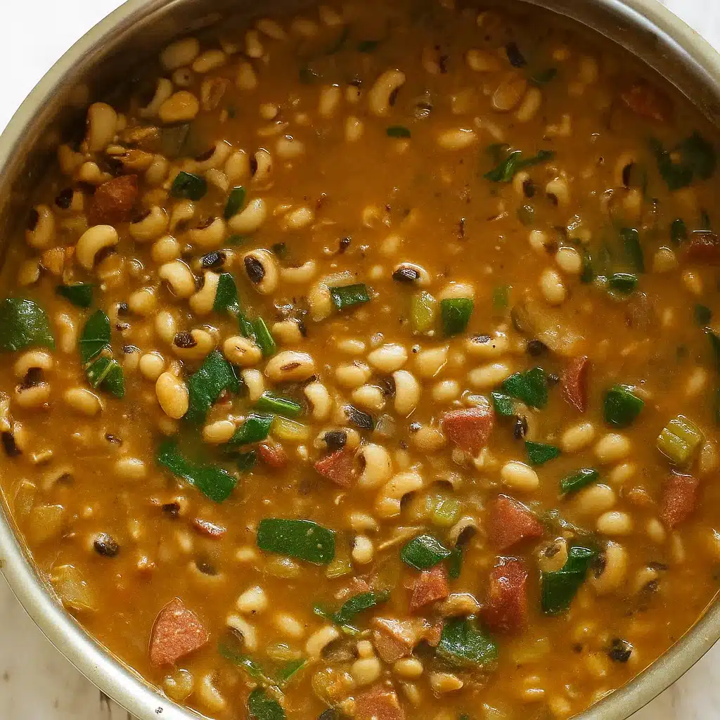 Southern Black Eyed Peas with smoky bacon, savory sausage, and tender greens – the ultimate comfort food
