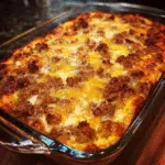 Golden baked sausage and egg casserole in a white baking dish with melted cheese on top, cut into squares and ready to serve