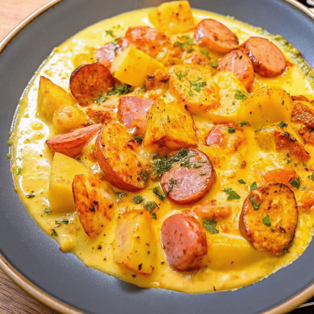 Golden crispy potatoes and sliced smoked sausage covered in melted cheddar cheese in a white baking dish, garnished with fresh parsley