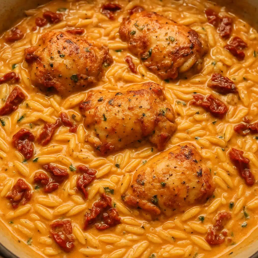 Sun Dried Tomato Chicken Orzo 8 Creamy sun dried tomato chicken orzo in a black skillet with golden seared chicken breasts nestled in orzo pasta with wilted spinach and sun-dried tomatoes in a rich Parmesan cream sauce, garnished with fresh herbs.