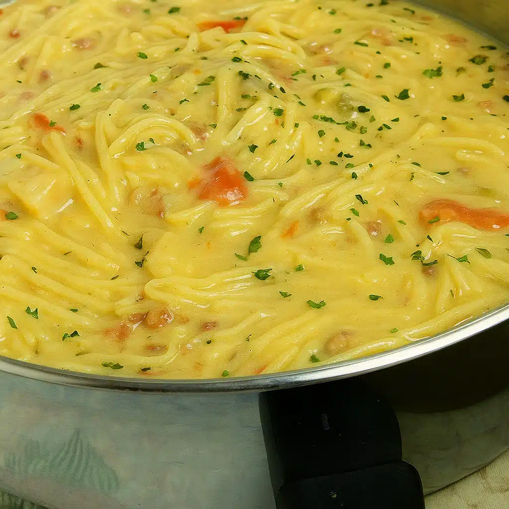 A warm bowl of creamy crack chicken noodle soup filled with shredded chicken, tender noodles, crispy bacon, and melted cheese, topped with fresh green onions.