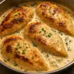 Golden-brown chicken cutlets nestled in creamy garlic Parmesan sauce in a skillet, garnished with fresh parsley