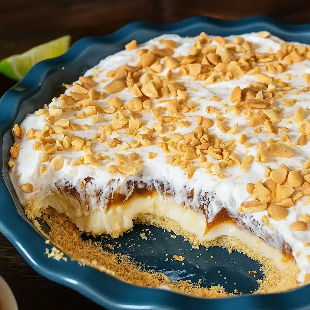 Caramel Apple Cheesecake Dip 4 Layered caramel apple cheesecake dip in a glass pie dish showing distinct layers of graham cracker crumbs, creamy cheesecake filling, caramel sauce, whipped topping, and chopped peanuts, surrounded by fresh apple slices and graham crackers for dipping
