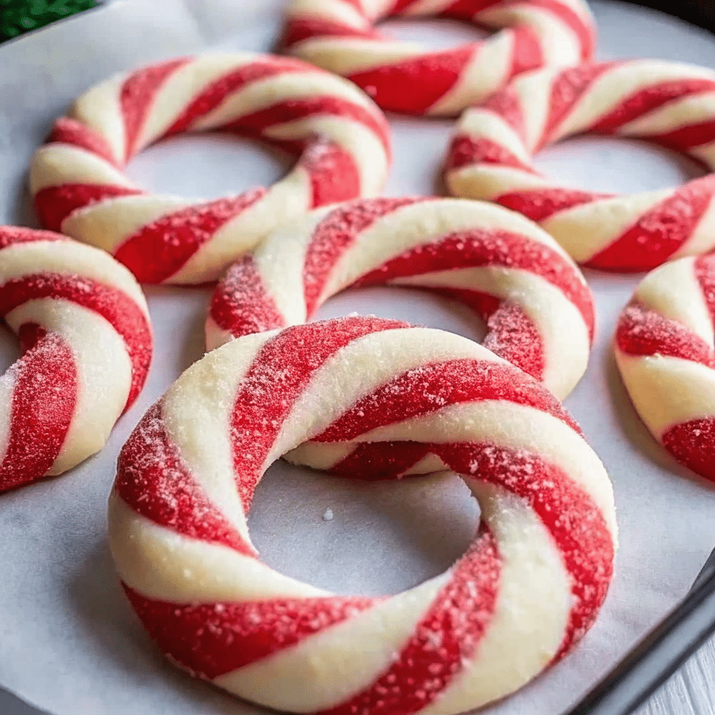 Homemade Candy Cane Cookies with peppermint flavor and sparkling sugar—a festive holiday treat!