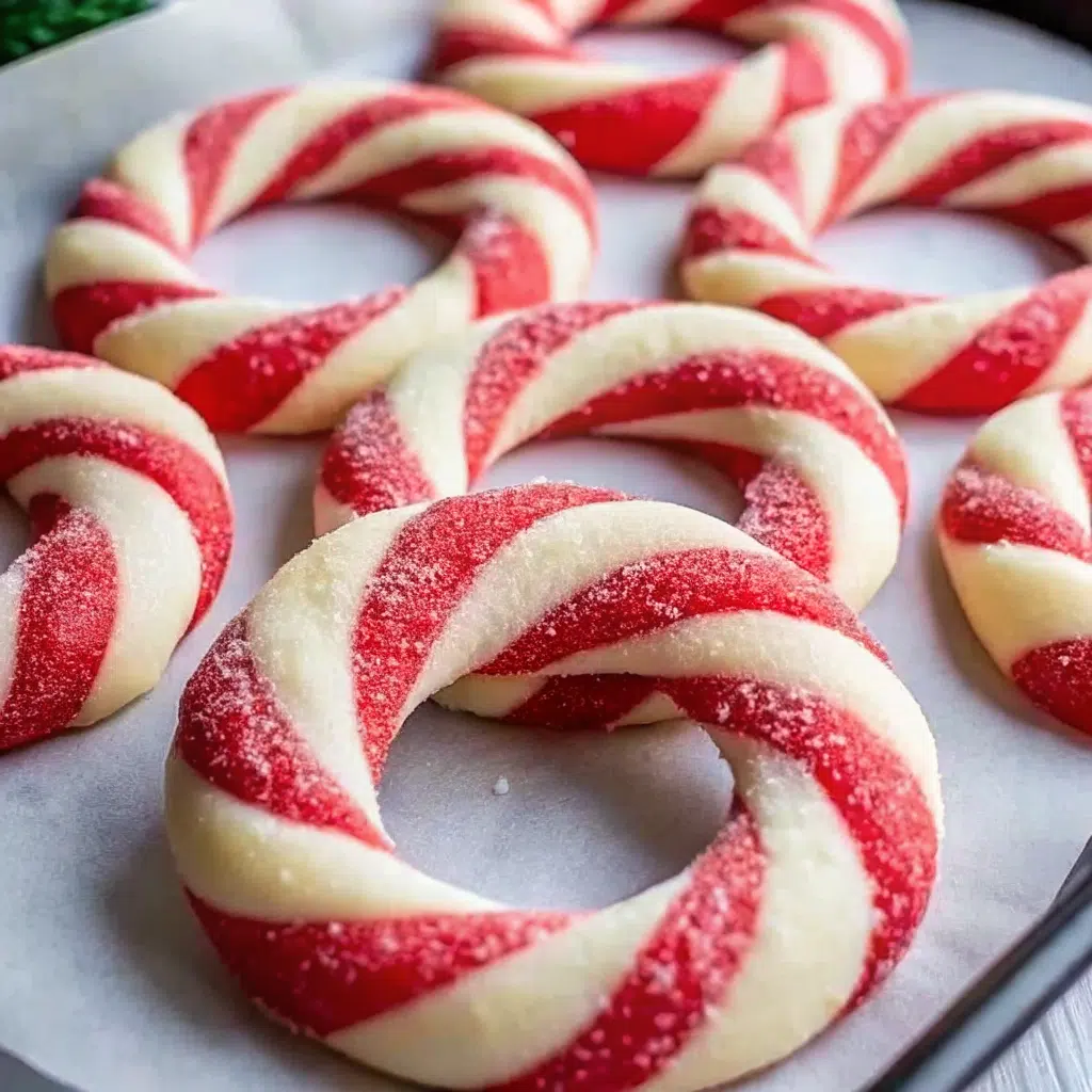 Homemade Candy Cane Cookies with peppermint flavor and sparkling sugar—a festive holiday treat!