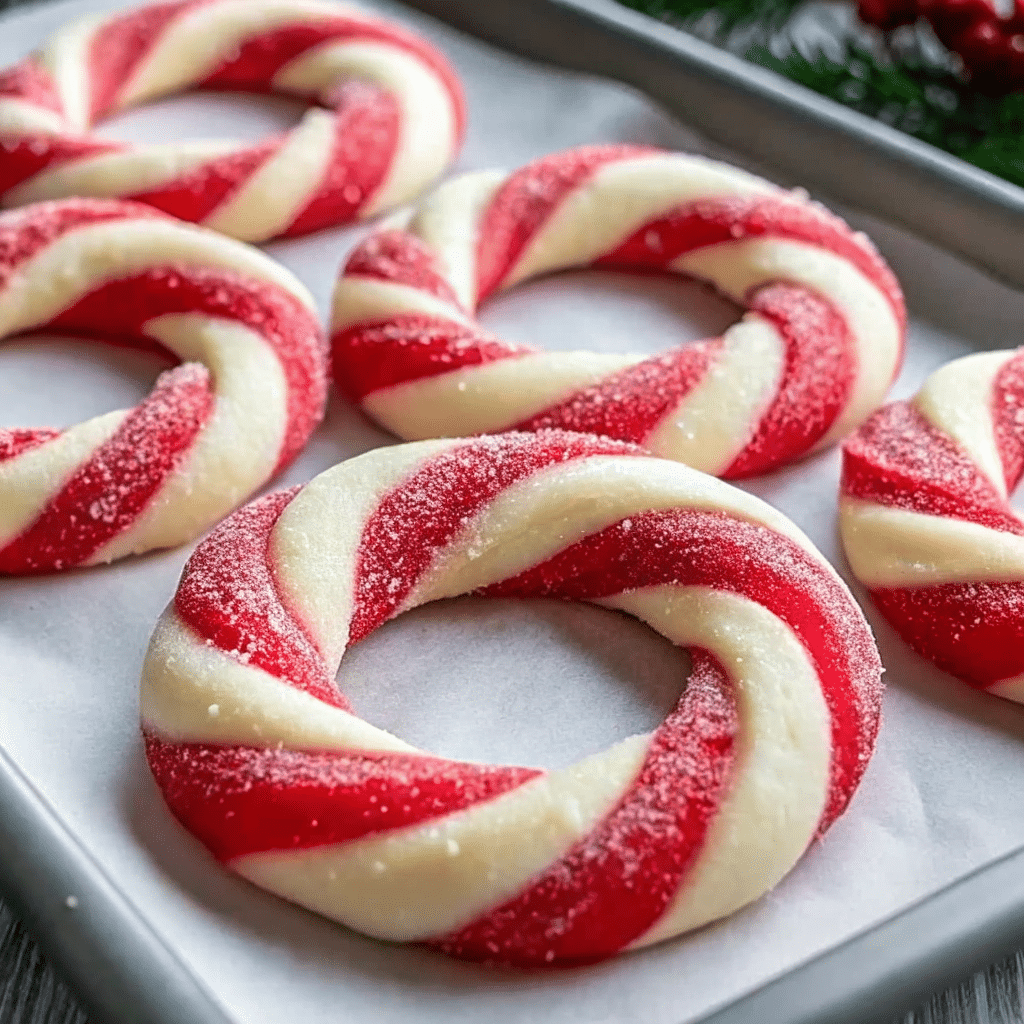 Homemade Candy Cane Cookies with peppermint flavor and sparkling sugar—a festive holiday treat!