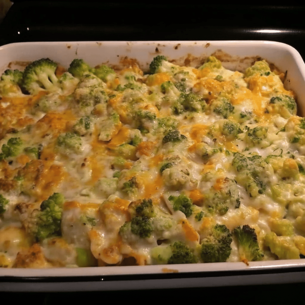 Golden-brown broccoli cheese casserole in a white baking dish with buttery cracker topping, showing creamy cheesy broccoli filling