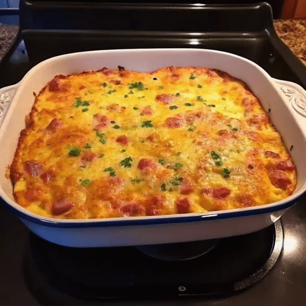 A golden-brown Farmer's Casserole in a white baking dish, showing layers of hash browns, melted cheese, ham, and set custard with green onions visible throughout