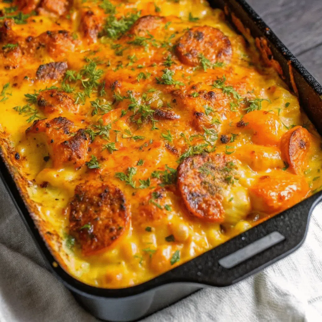 Cheesy Ranch Potatoes and Smoked Sausage 6 Golden crispy potatoes and sliced smoked sausage covered in melted cheddar cheese in a white baking dish, garnished with fresh parsley