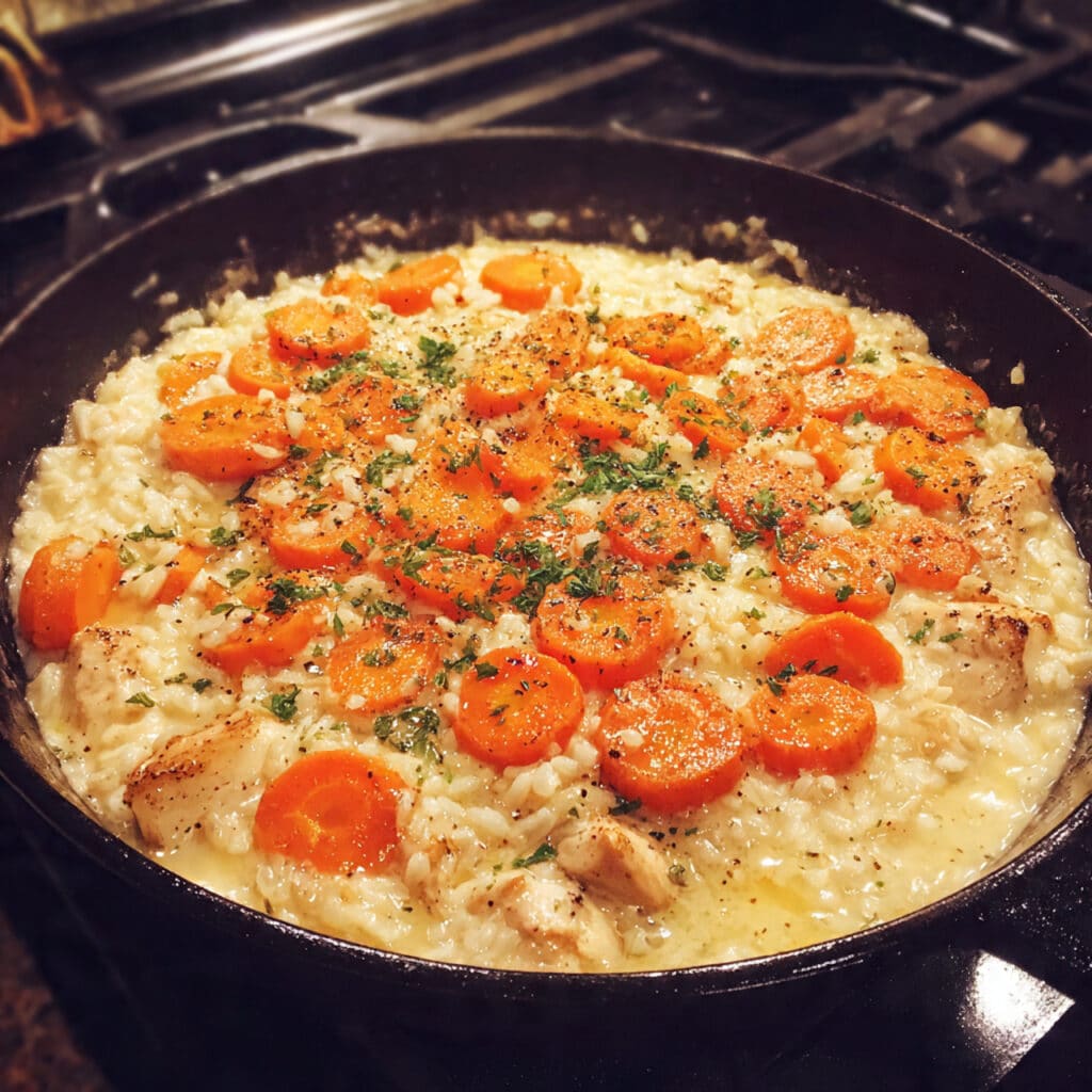 A hearty one-pot chicken and rice dish cooked with tender chicken pieces, fluffy seasoned rice, and colorful vegetables in a savory, creamy sauce.