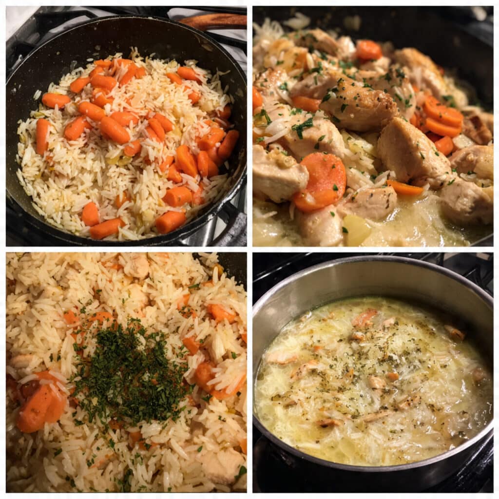 A hearty one-pot chicken and rice dish cooked with tender chicken pieces, fluffy seasoned rice, and colorful vegetables in a savory, creamy sauce.