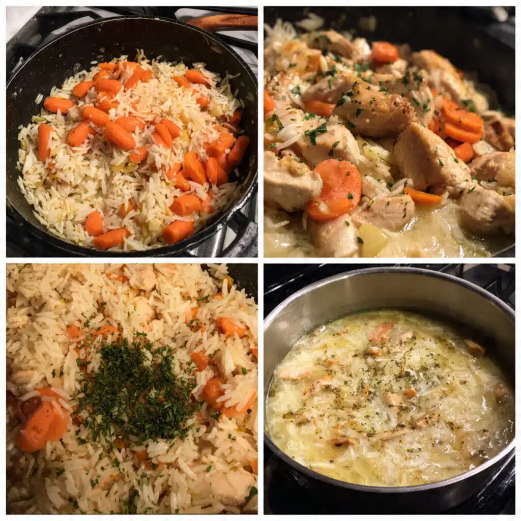 A hearty one-pot chicken and rice dish cooked with tender chicken pieces, fluffy seasoned rice, and colorful vegetables in a savory, creamy sauce.