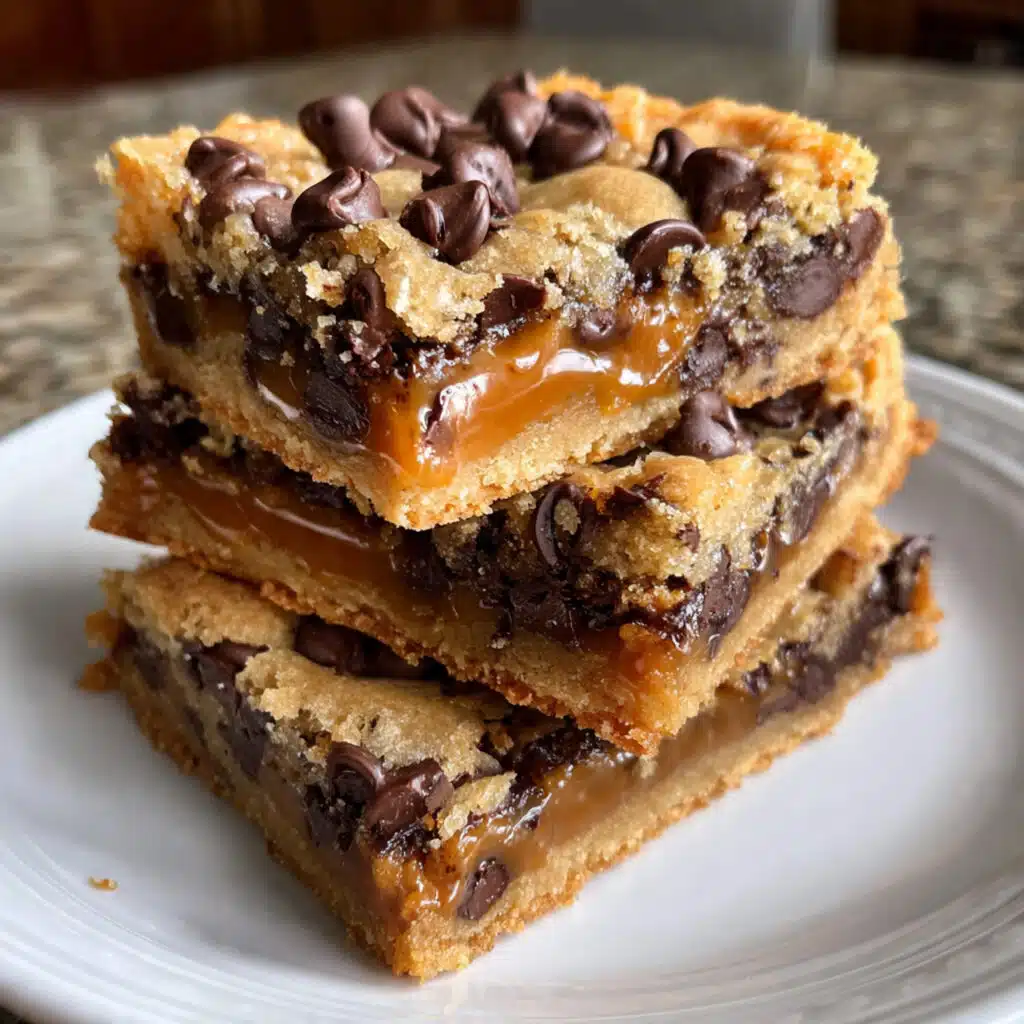 Knock You Naked Bars with layers of chocolate chip cookie dough and gooey caramel peanut butter filling, sliced and ready to serve