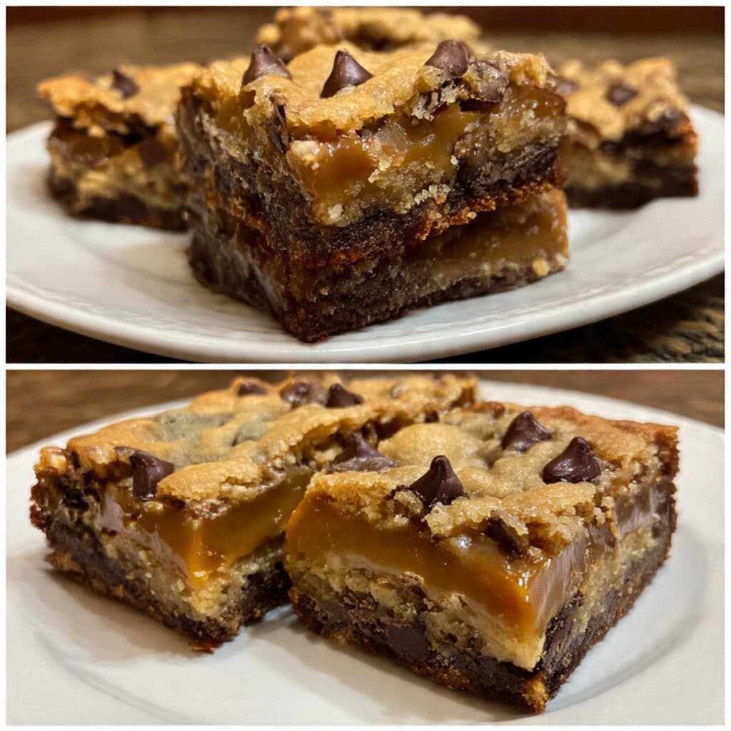 Knock You Naked Bars with layers of chocolate chip cookie dough and gooey caramel peanut butter filling, sliced and ready to serve