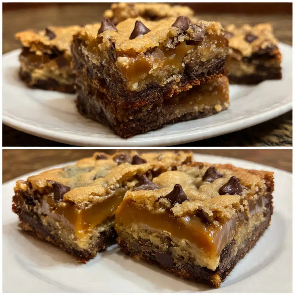 Knock You Naked Bars with layers of chocolate chip cookie dough and gooey caramel peanut butter filling, sliced and ready to serve