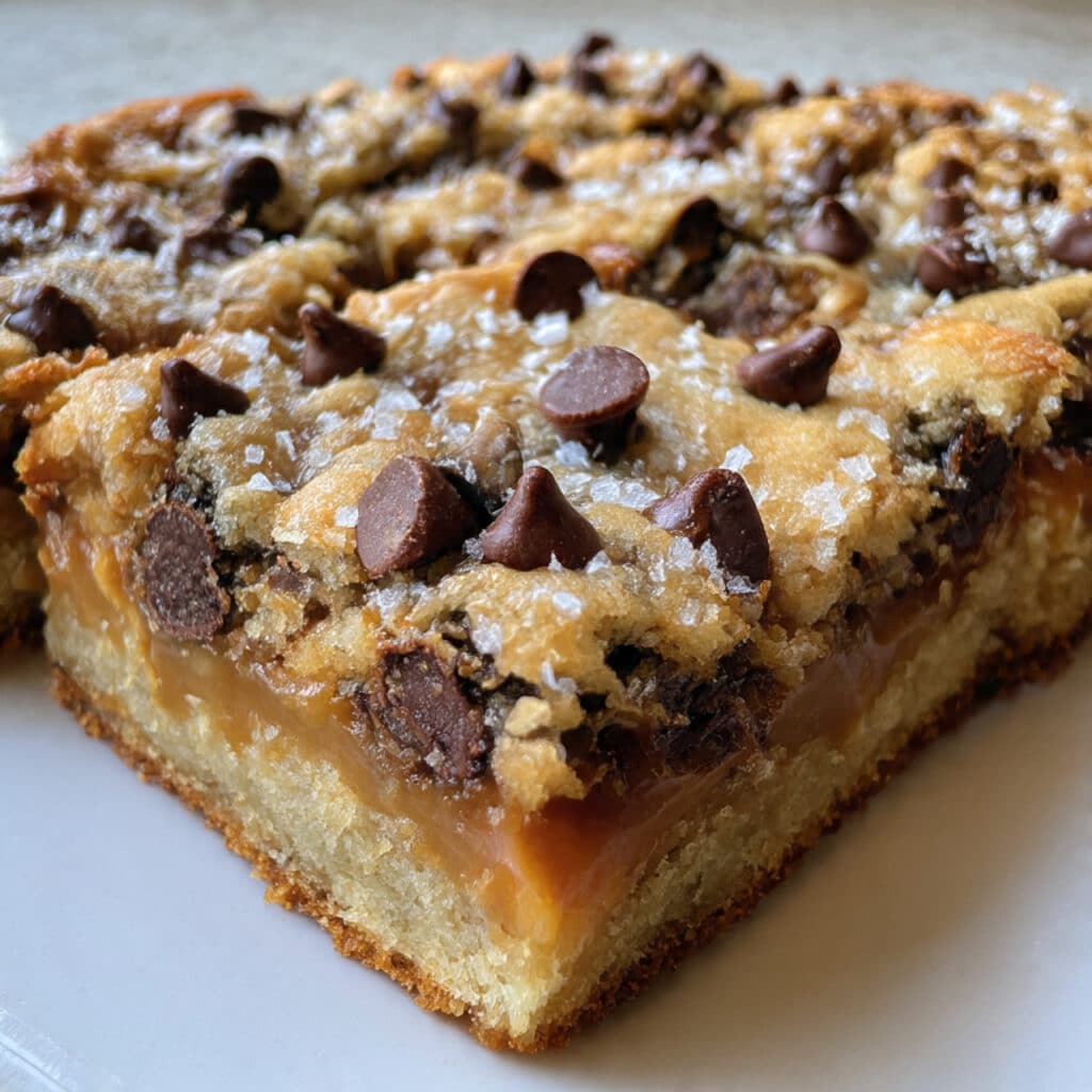 Knock You Naked Bars with layers of chocolate chip cookie dough and gooey caramel peanut butter filling, sliced and ready to serve