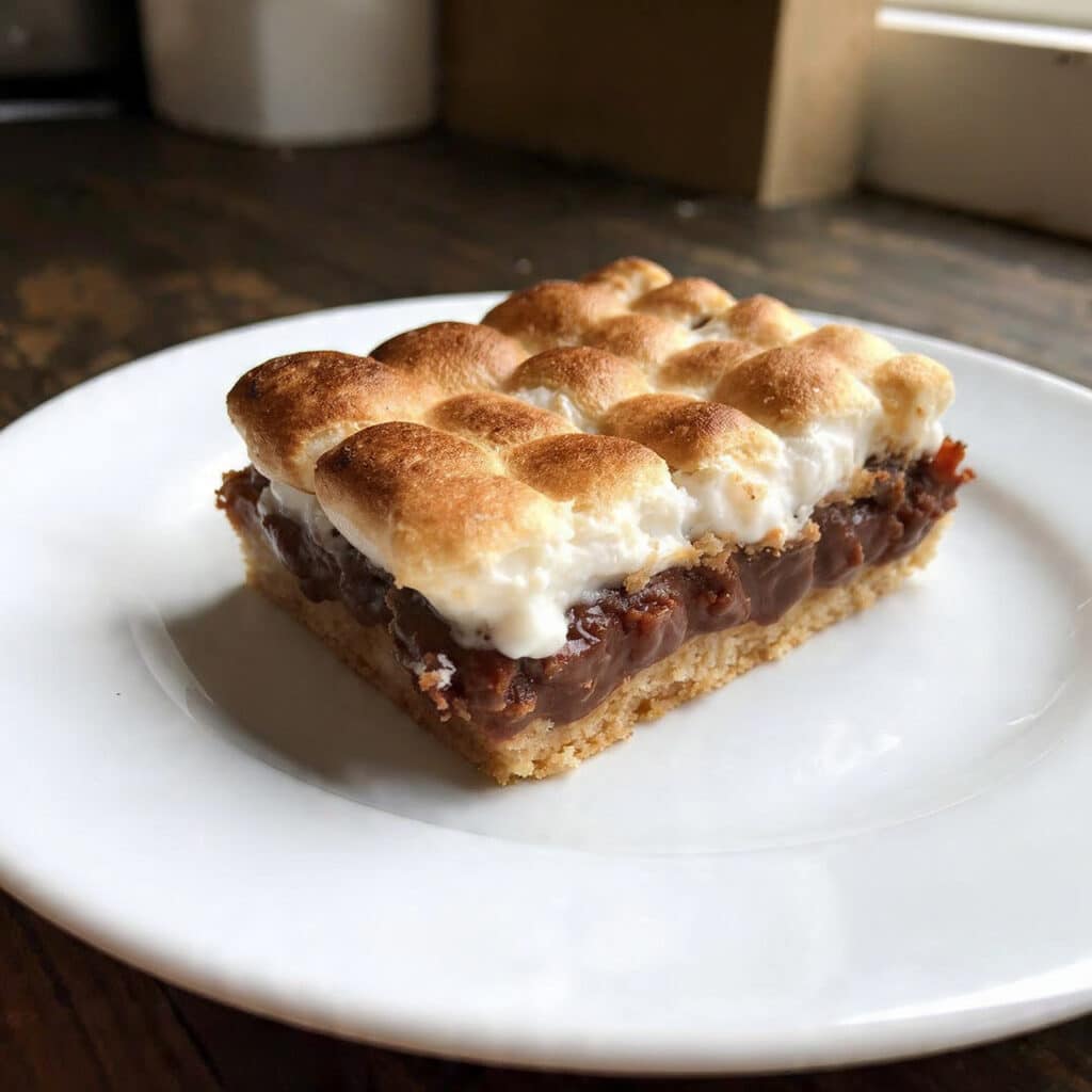 Golden-toasted s'more bars with graham cracker crust, melted chocolate layer, and perfectly browned marshmallow topping, cut into squares in a baking pan