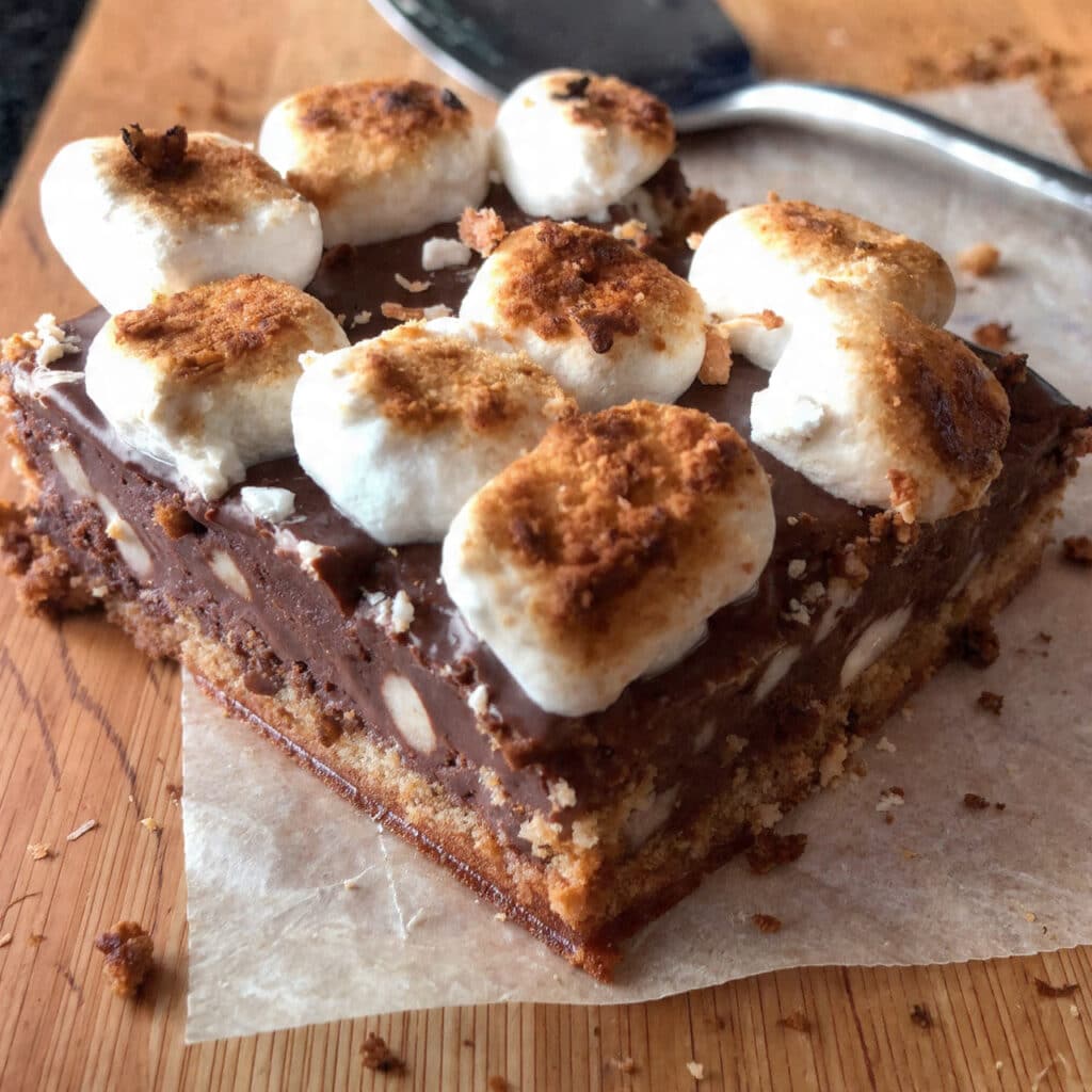 Golden-toasted s'more bars with graham cracker crust, melted chocolate layer, and perfectly browned marshmallow topping, cut into squares in a baking pan