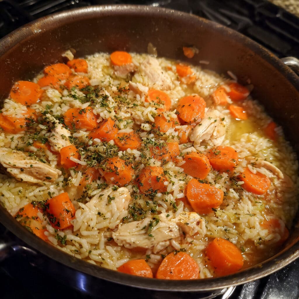 A hearty one-pot chicken and rice dish cooked with tender chicken pieces, fluffy seasoned rice, and colorful vegetables in a savory, creamy sauce.
