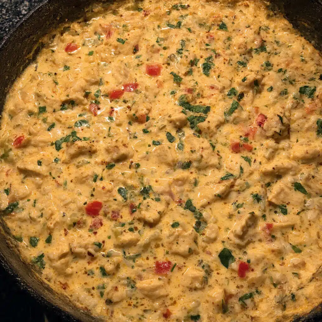 One Pot Queso Chicken and Rice 5 Creamy one-pot queso chicken and rice topped with melted cheese, tender chicken pieces, and colorful bell peppers.