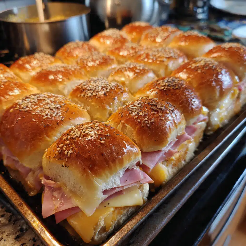 Golden brown ham and cheese sliders on Hawaiian rolls arranged in a baking dish, with melted cheese visible between layers and a glossy butter topping on top