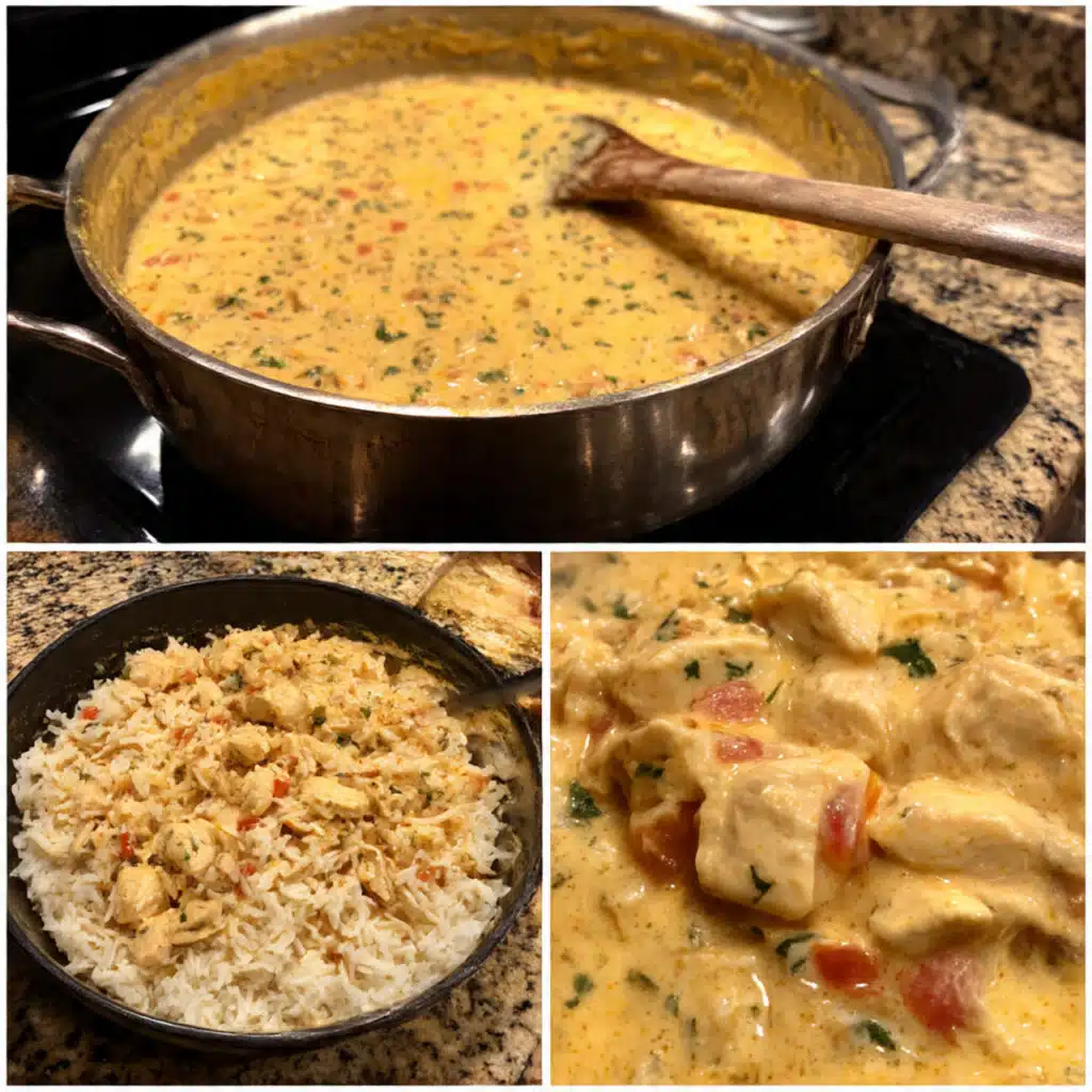 One Pot Queso Chicken and Rice 7 Creamy one-pot queso chicken and rice topped with melted cheese, tender chicken pieces, and colorful bell peppers.