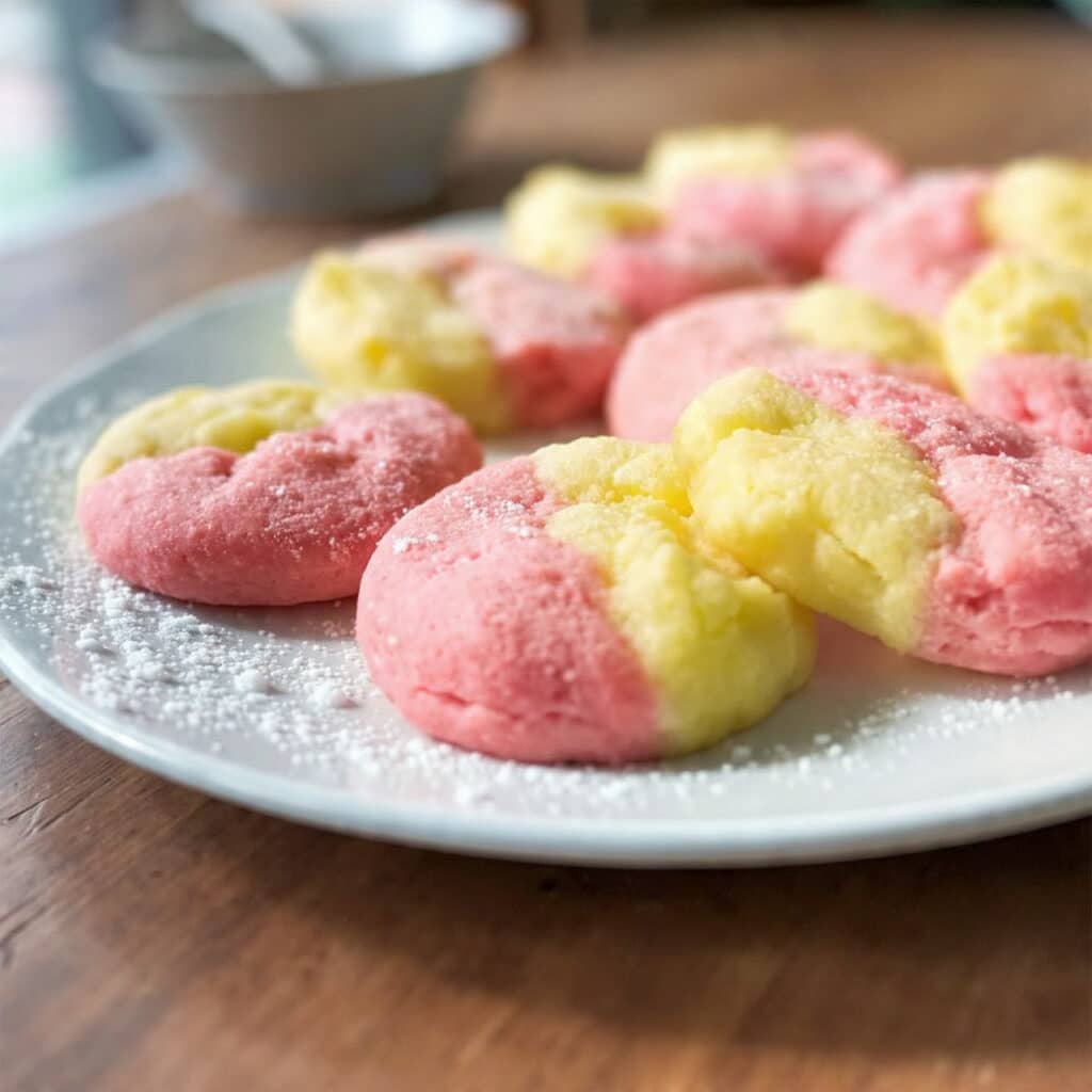 strawberry lemonade cookies with pink and yellow swirls dusted with powdered sugar on a white plate
