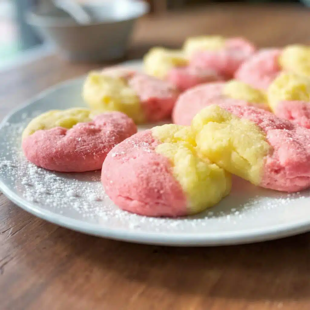 strawberry lemonade cookies with pink and yellow swirls dusted with powdered sugar on a white plate