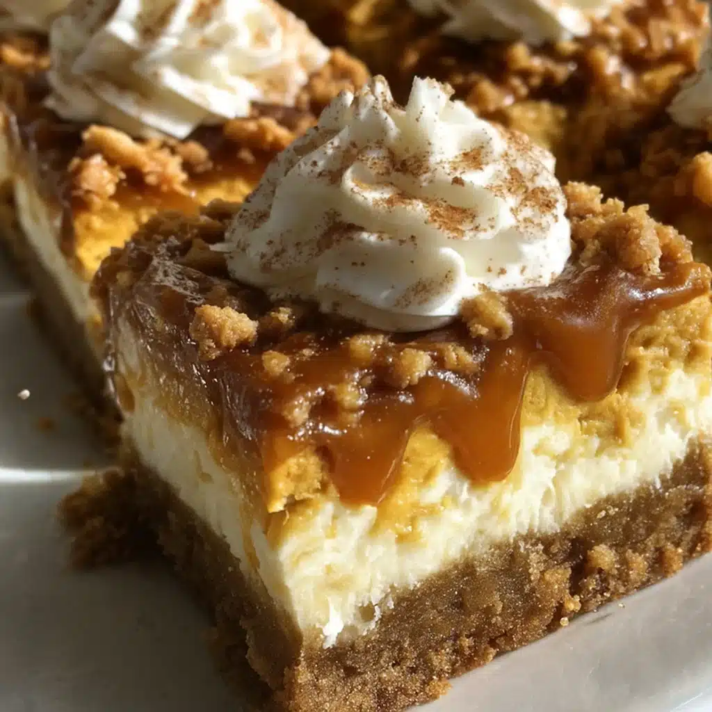 Pumpkin Spice Cheesecake Bars feature a buttery pecan graham cracker crust, creamy vanilla cheesecake layer, and spiced pumpkin layer topped with whipped cream