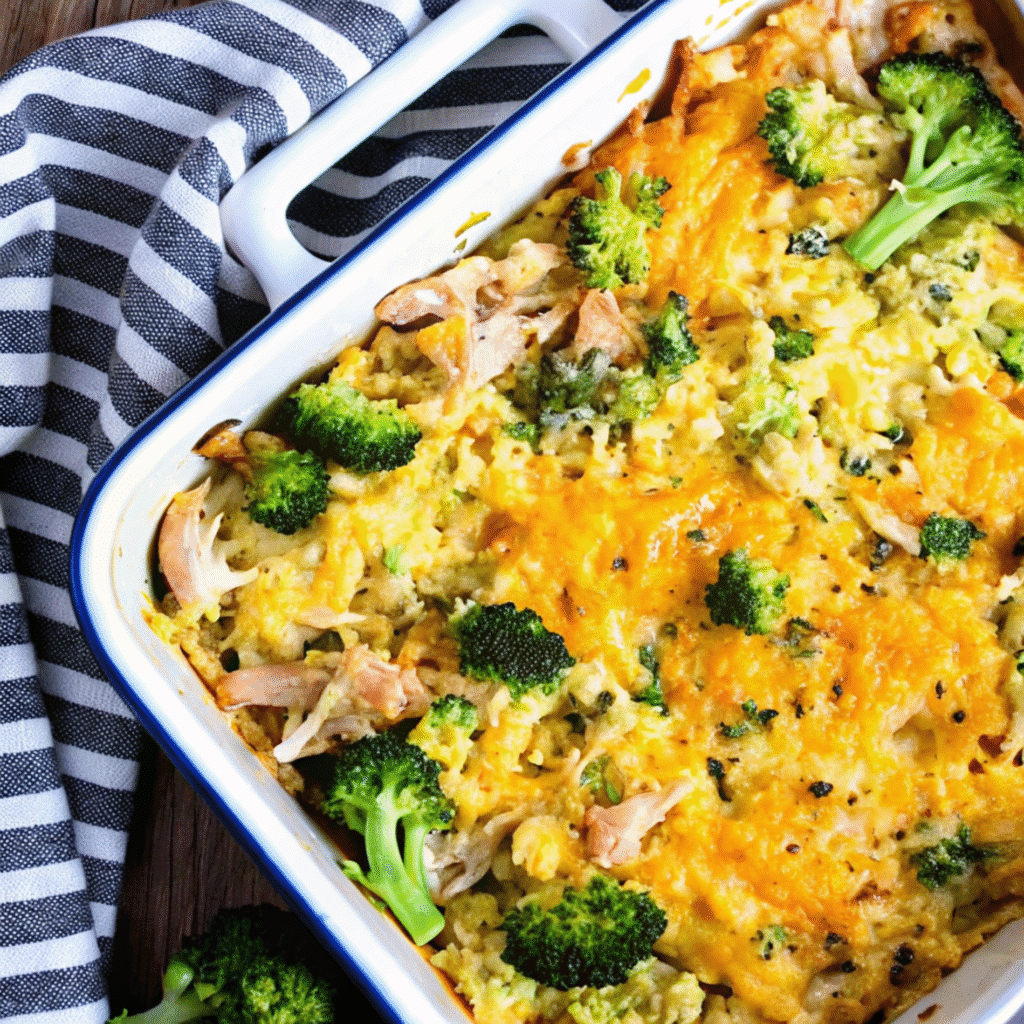 Low carb chicken casserole with melted cheese, broccoli, cauliflower rice, and crispy bacon in a white baking dish